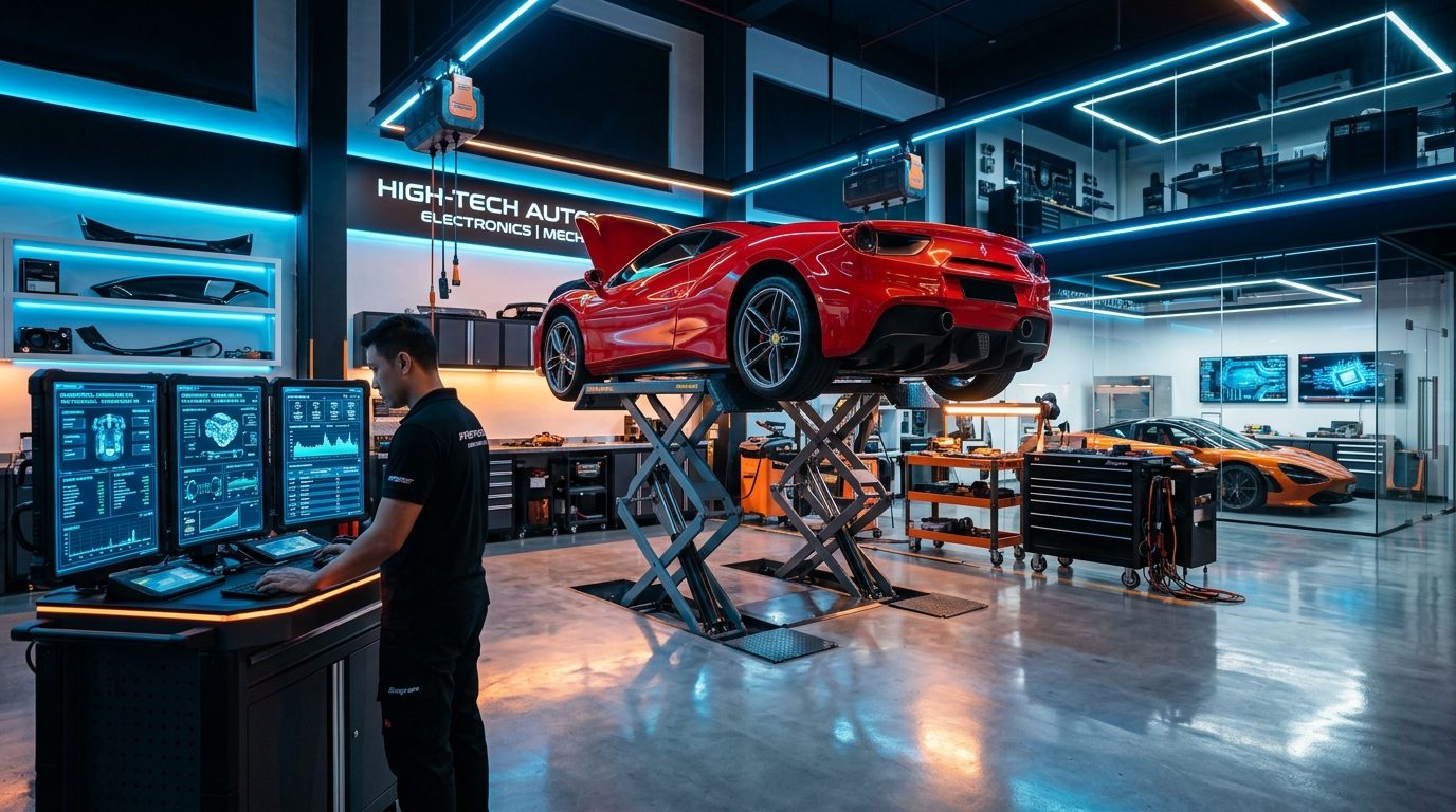 Oficina AUDIOCAR: automóvel desportivo vermelho num elevador, com ecrãs de diagnóstico