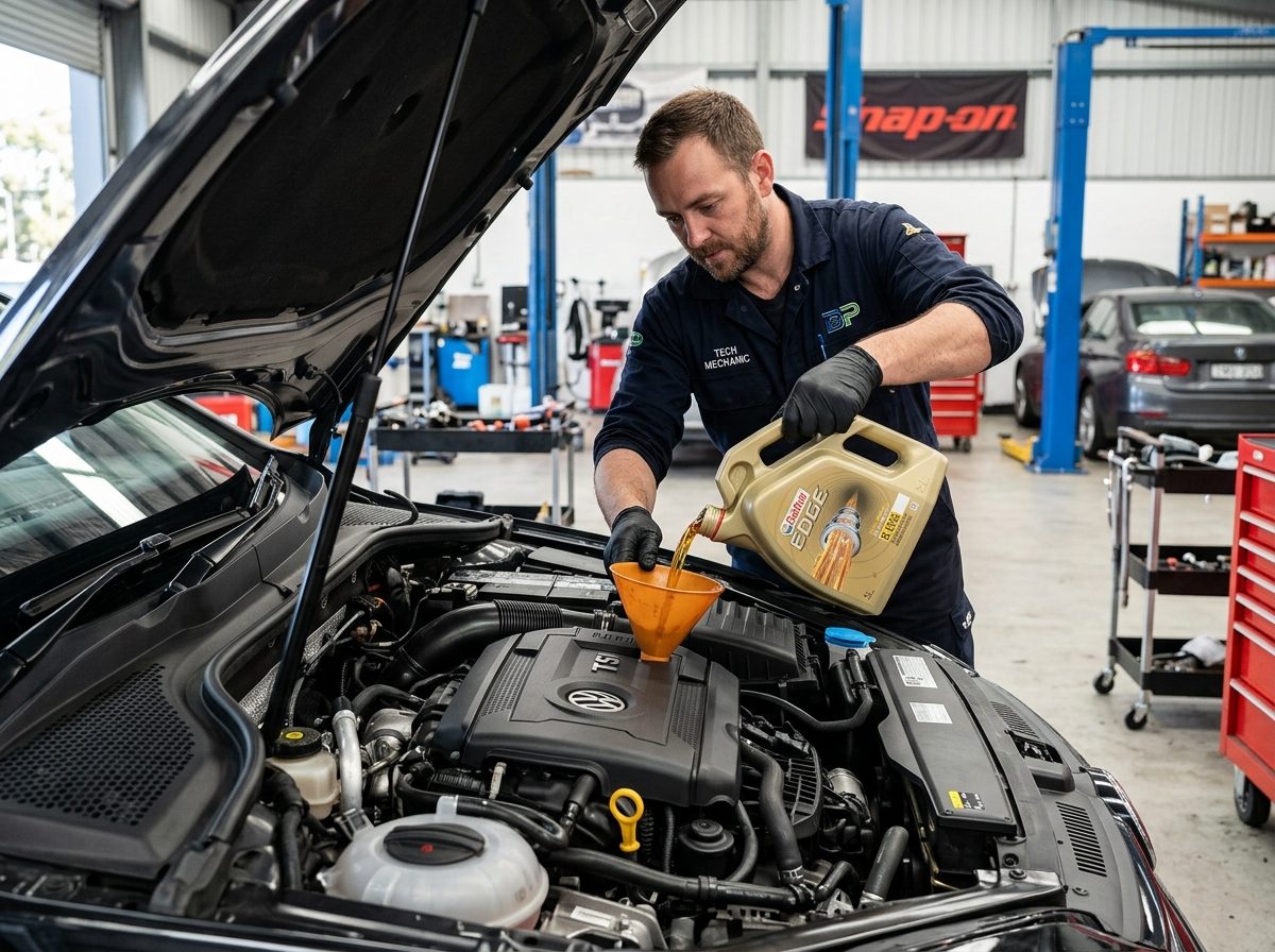 Mecânico a colocar óleo novo no motor de um automóvel