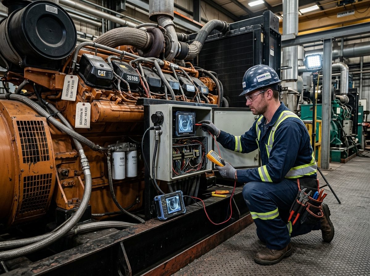 Grupo gerador industrial a diesel em manutenção na oficina